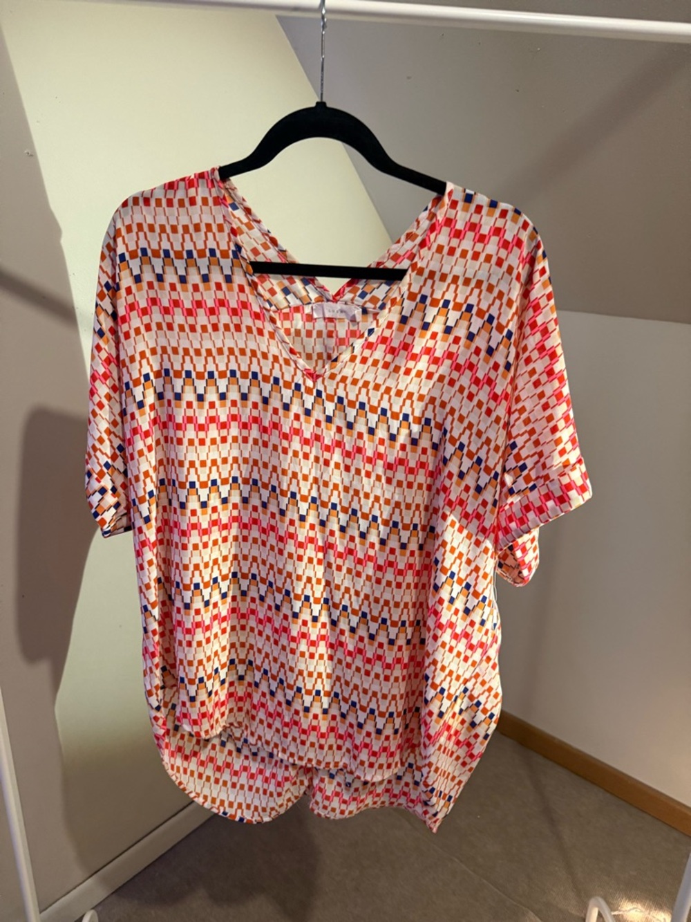 Charlotte Russe Pink, Coral and Navy Geometric Print Blouse